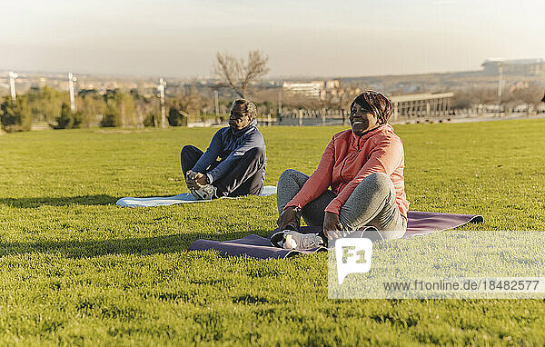 Senior couple doing yoga in park