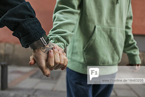 Gay couple holding hands on footpath