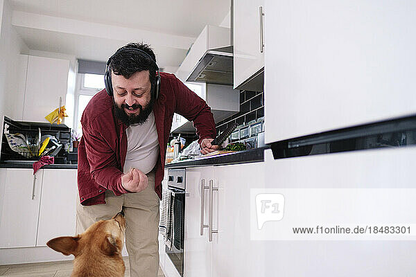 Mature man giving food to dog in kitchen at home