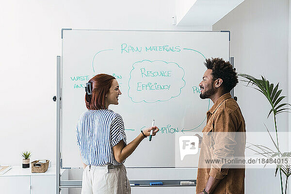 Smiling businesswoman having discussion with colleague standing in front of whiteboard