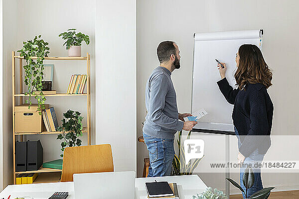 Businesswoman having discussion with colleague on flipchart