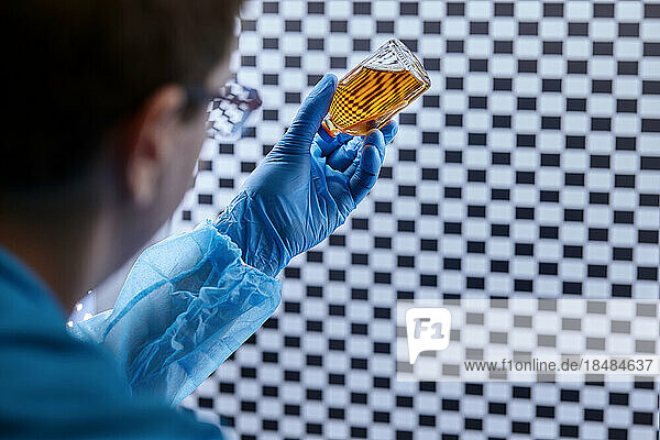Scientist holding glass with liquids in a microbiological lab