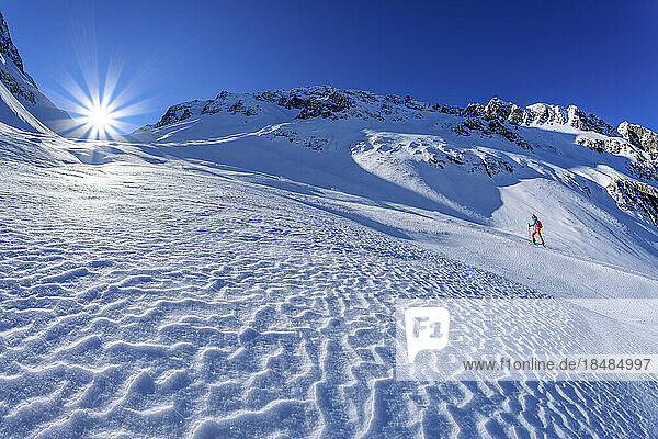 Österreich  Tirol  Skifahrerin steigt den Hang in den Zillertaler Alpen hinauf  im Hintergrund scheint die Sonne