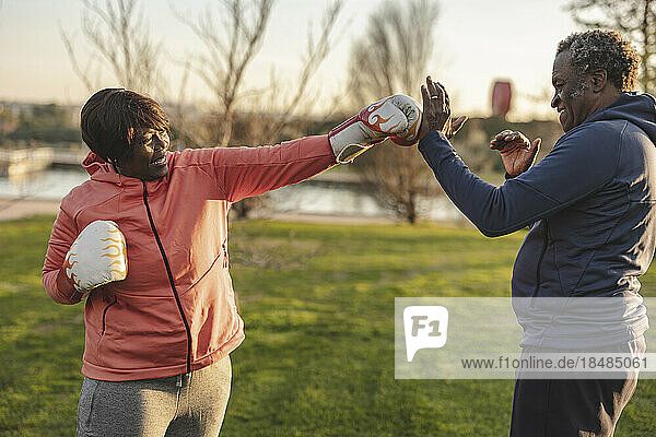 Happy woman wearing boxing gloves punching man at park