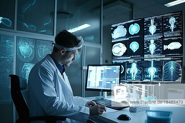 A doctor in a hospital evaluating AI-assisted medical diagnoses on large screens  AI generated