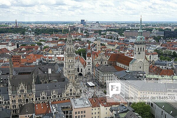 View over Munich  Marienplatz with Old and New Town Hall  Holy Spirit Church and St. Peters Church  Munich  Bavaria  Germany  Europe