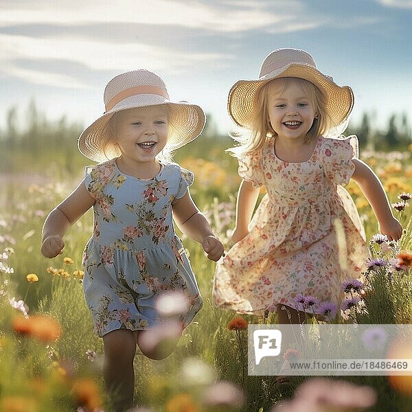 Laughing children running through a field in bright sunshine  Ai generated