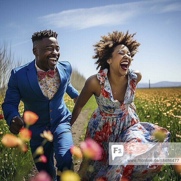 Laughing Couple running through a field in bright sunshine  Ai generated