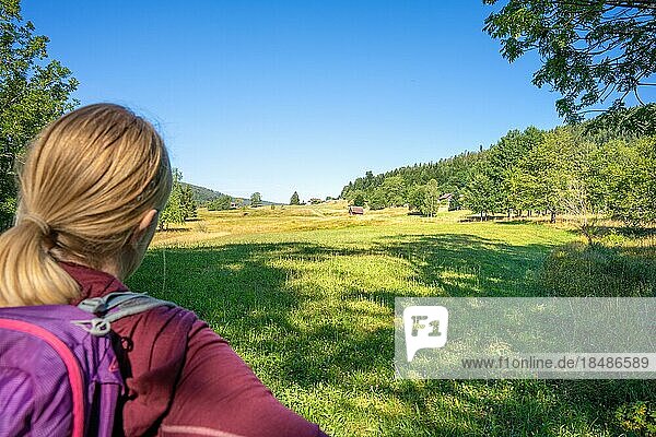 Frau schaut in die Ferne auf dem Wanderweg Sprollenhäuser Hut  Bad Wildbad  Schwarzwald  Deutschland  Europa