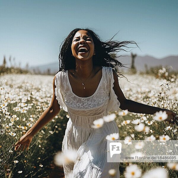 Laughing woman running through a field in bright sunshine  Ai generated