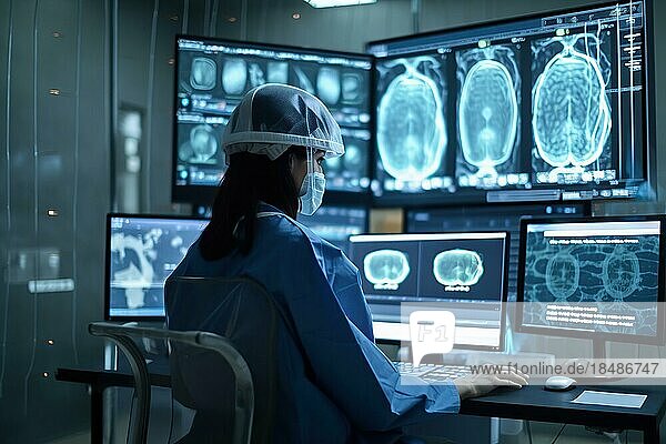 A doctor in a hospital evaluating AI-assisted medical tumour diagnoses on large screens  AI generated