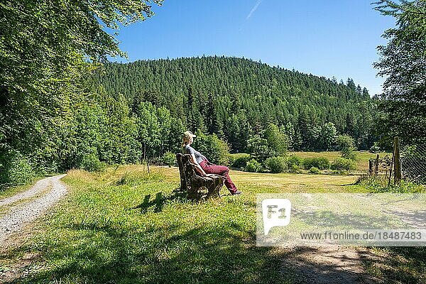 Frau sitzt auf Bank und schaut auf den Wald auf dem Wanderweg Sprollenhäuser Hut  Bad Wildbad  Schwarzwald  Deutschland  Europa