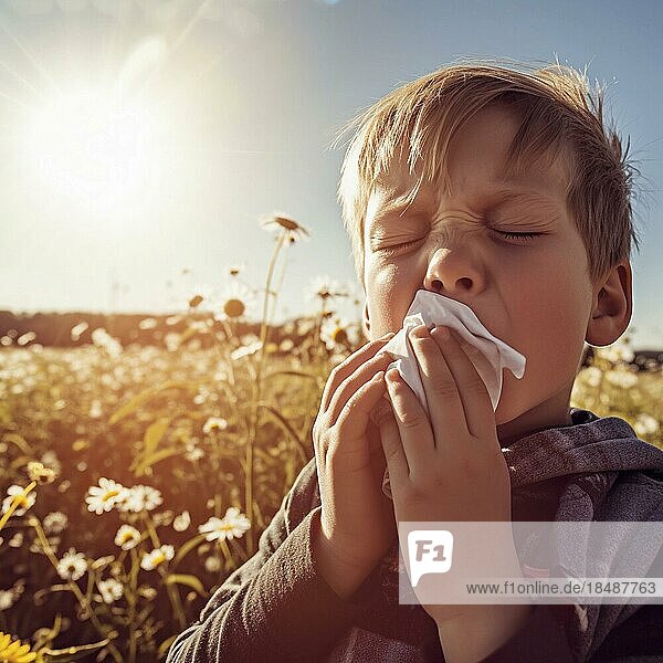 Hay fever child suffers from hay fever and is surrounded by pollen flowers  AI generated