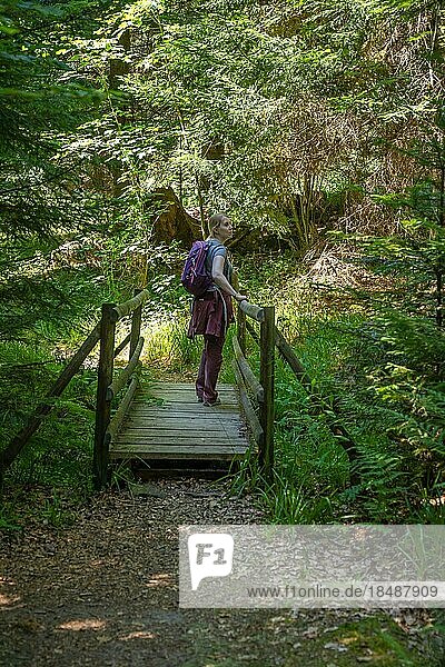 Woman standing on bridge in the forest on the hiking trail Sprollenhäuser Hut  Bad Wildbad  Black Forest  Germany  Europe