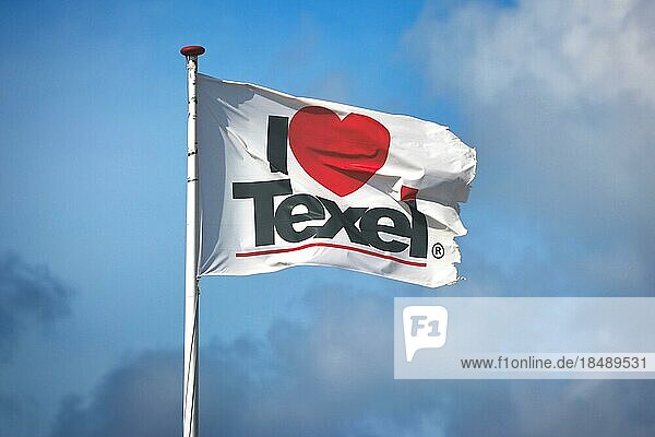 Weiße Flagge mit der Aufschrift I love Texel mit rotem Herz anstelle des Wortes love weht im Wind vor blauem Himmel  Texel  Niederlande  Europa