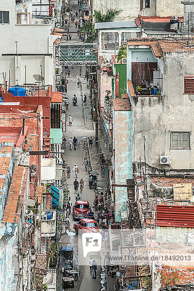 Luftaufnahme der O'Reilly Street mit zwei kastanienbraunen Oldtimern  die sich ihren Weg nach unten bahnen  Alt-Havanna  Kuba  Westindien  Karibik  Mittelamerika
