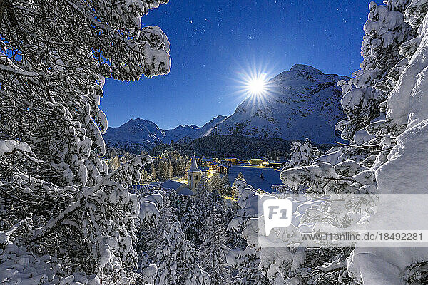 Mondschein über dem verschneiten Glockenturm der Chiesa Bianca und Wald im Winter  Maloja  Bergell  Engadin  Kanton Graubünden  Schweiz  Europa