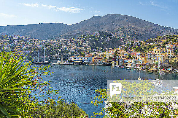 Blick auf Boote im Hafen von erhöhter Position  Symi Stadt  Insel Symi  Dodekanes  Griechische Inseln  Griechenland  Europa