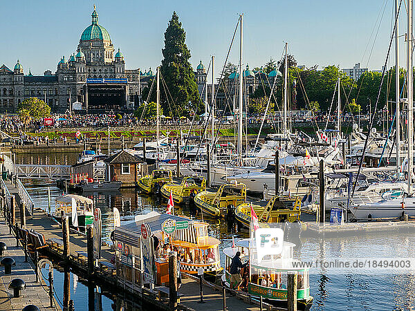 Moored boats and little water taxis in the Inner Harbor  Victoria  Vancouver Island  British Columbia  Canada  North America