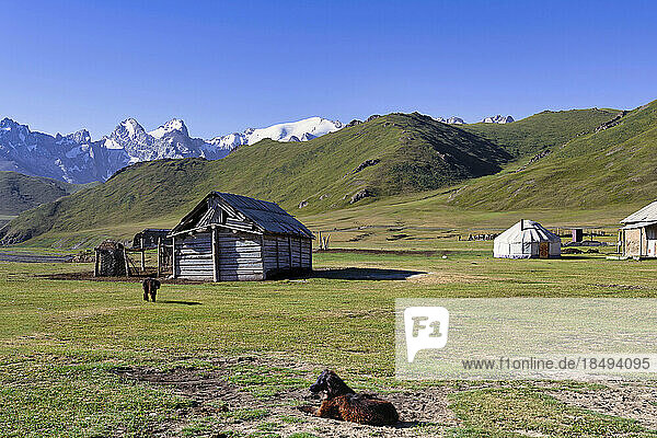 Einsame Holzhütte in der Nähe des alpinen Kol-Suu (Kel-Suu)-Sees  Kurumduk-Tal  Provinz Naryn  Kirgisistan  Zentralasien  Asien