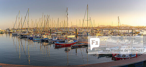 Blick auf Hafenboote bei Sonnenuntergang  Corralejo  Fuerteventura  Kanarische Inseln  Spanien  Atlantik  Europa