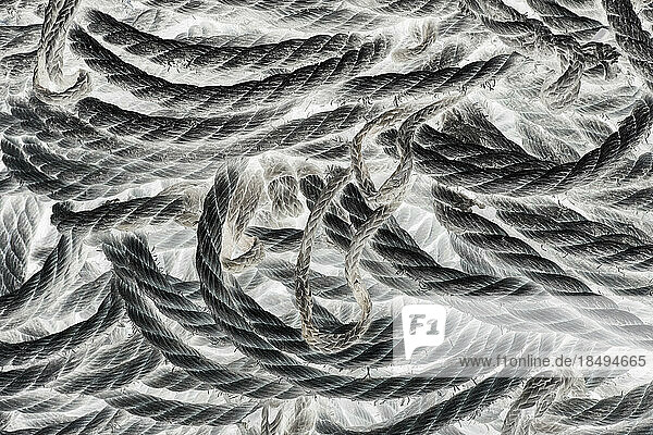 A pile of industrial rope  monochrome image.