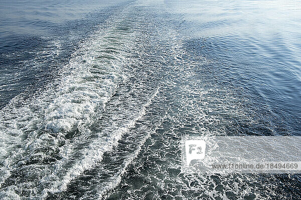 The wake from a ferry boat  foam and ripples on the ocean.
