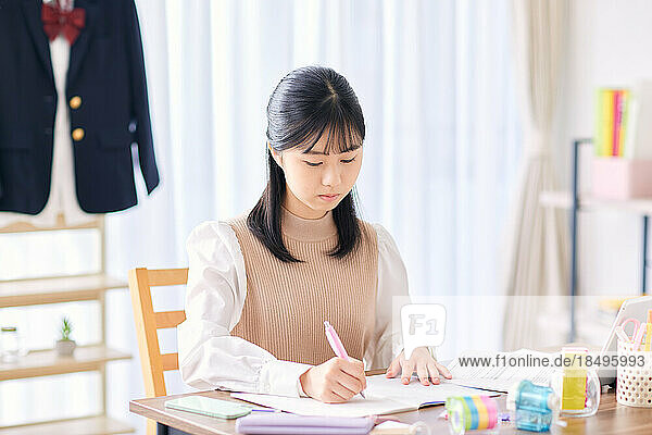 Japanese high school student studying