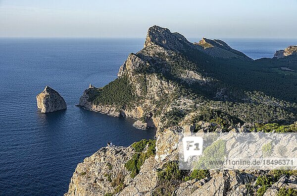 View of rocky cliffs and sea  Cap Formentor in the evening light  coastal landscape  Pollença  Majorca  Balearic Islands  Spain  Europe