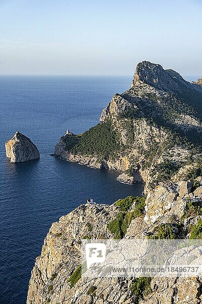 View of rocky cliffs and sea  Cap Formentor in the evening light  coastal landscape  Pollença  Majorca  Balearic Islands  Spain  Europe