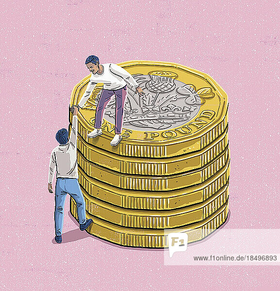 Man getting a helping hand on to pile of pound coins