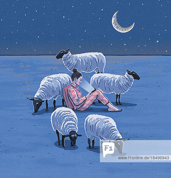 Woman using phone at night in field of sheep