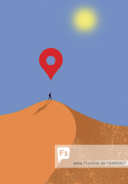 Global Positioning System-Pin über einem Mann  der in der Wüste spazieren geht