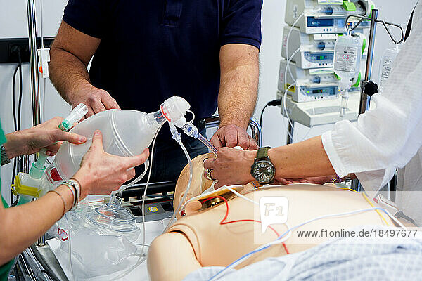 For two days  nurses and emergency nurses undergo training at the Montpellier School of Medicine on emergency procedures and resuscitation. The nurses train on a crisis situation and must react in real time and use the right gestures when faced with the dummy in intensive care. The patient must be intubated  then using a BAVU the students practice artificial respiration on the SimMan dummy.