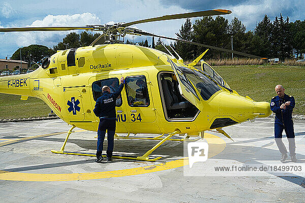 A hospital-based emergency service operates 24 hours a day  7 days a week and covers an entire region. Departure of the SMUR helicopter for an intervention.