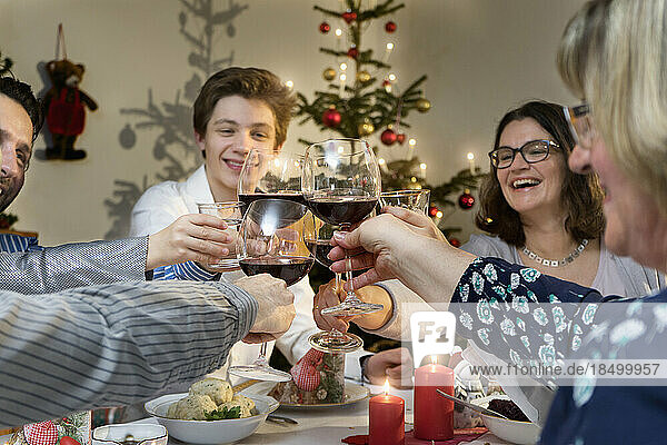 Family clinking wine glasses during Christmas celebration at home