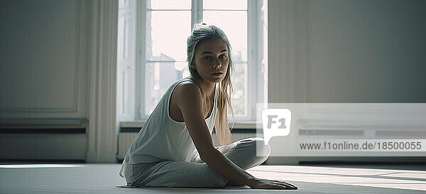 Image Generated AI. Blonde young woman doing yoga at home