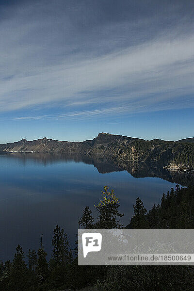 Crater Lake National Park in Oregon at sunset.