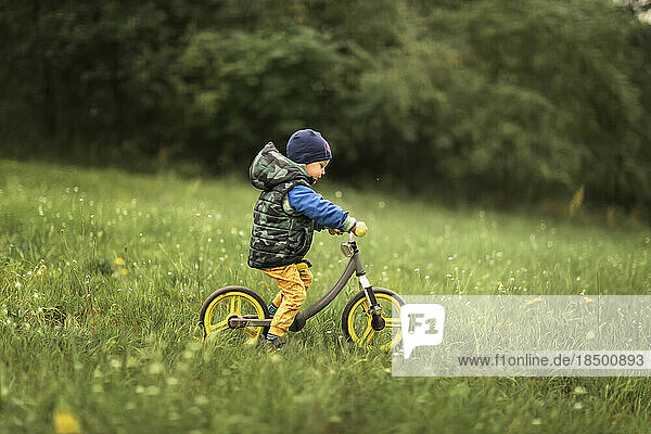 Small boy riding push bike down the hill