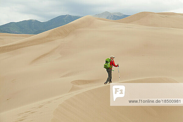 Senior man hikes windswept ridge on sand dune