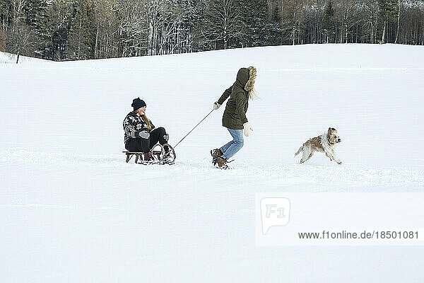 Two girls and a dog with slide in snowy landscape in winter  Bavaria  Germany
