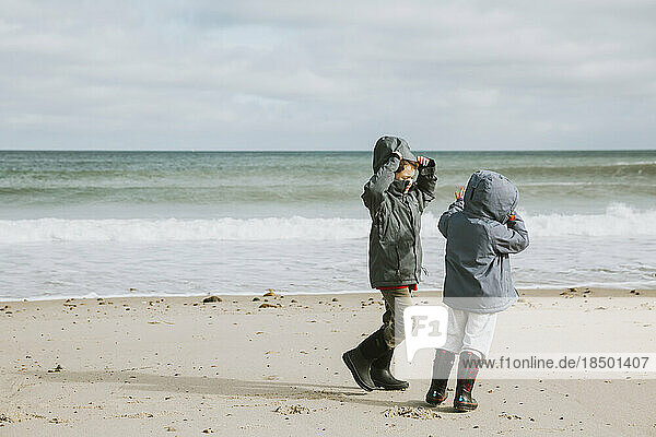 Two brothers on windswept beach