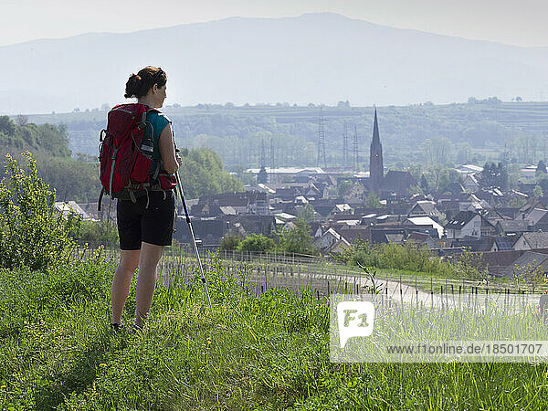 Woman hiker admiring scenic view of Eichstetten  Baden-Württemberg  Germany