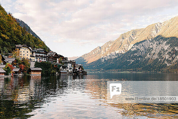 View of the Austrian town Hallstatt surrounded by lakes and mountains
