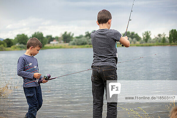 Brothers fishing in a pond