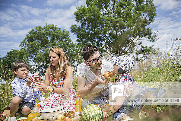Parents eating their children in picnic on meadow in the countryside  Bavaria  Germany
