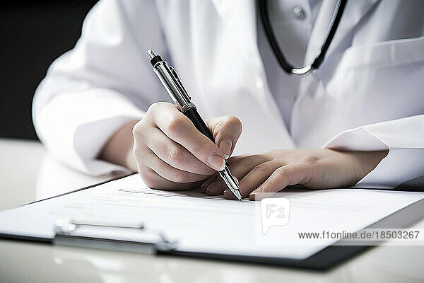 Doctor hands writing a prescription. Generative AI