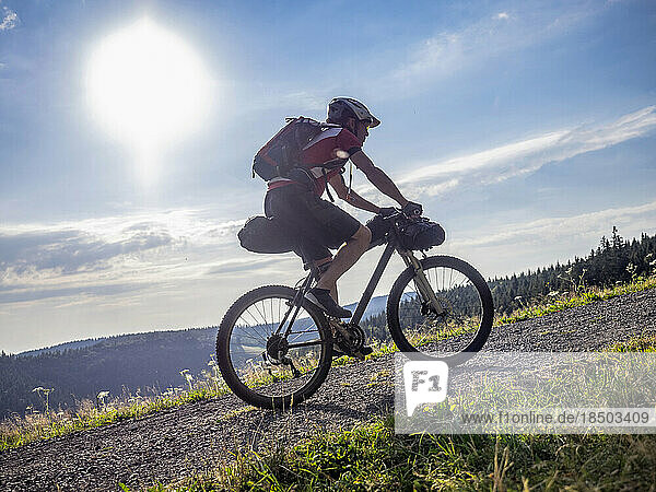 Mountain biker riding uphill near Todtnauberg  Baden-Württemberg  Germany