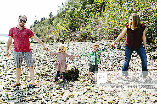 Straight on view of a family of four holding hands on a rocky beach