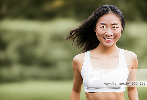 Portrait Asian sporty woman training outdoors. Generative AI
